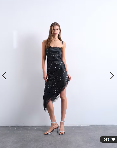 Topshop satin asymmetric lace trim midi slip dress in black polka dot
