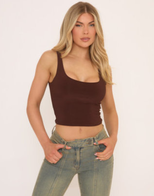 Scoop Neck Strappy Crop Top In Brown Slinky