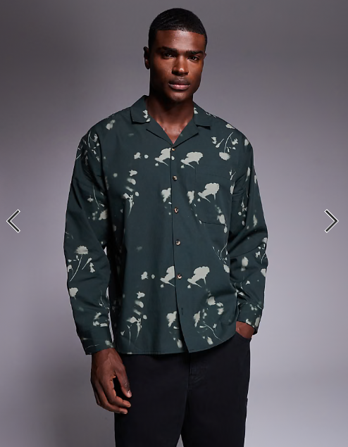 ASOS DESIGN oversized revere shirt with floral digital print in dark green