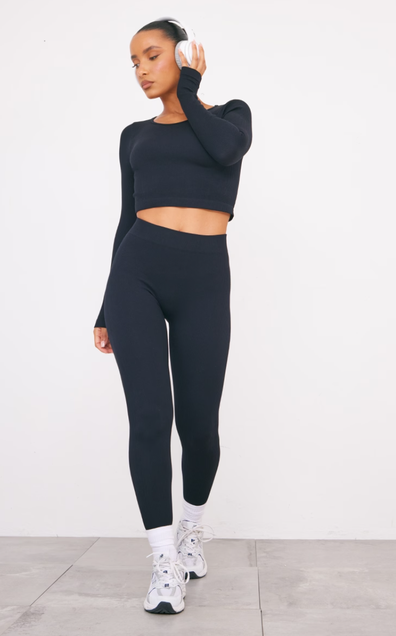 Black Structured Contour Ribbed Leggings