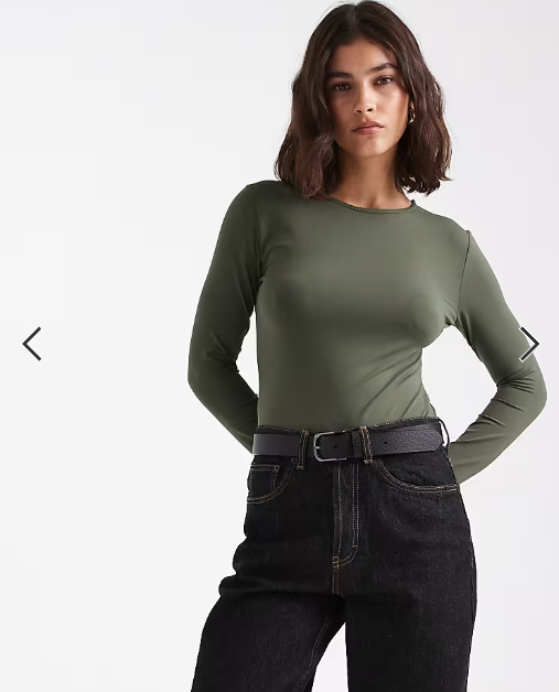 ASOS DESIGN polyamide slinky long sleeve bodysuit in khaki