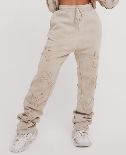 High Waist Cross Patch Detail Oversized Straight Leg Joggers In Acid Wash Stone