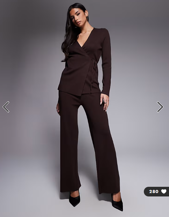Kaiia exclusive ribbed knit wide leg trousers co-ord in chocolate
