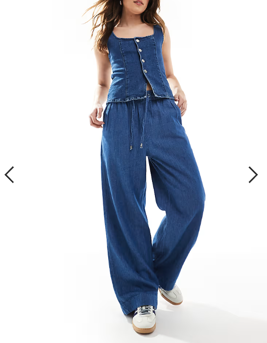 New Look denim pull on wide leg trousers in mid blue