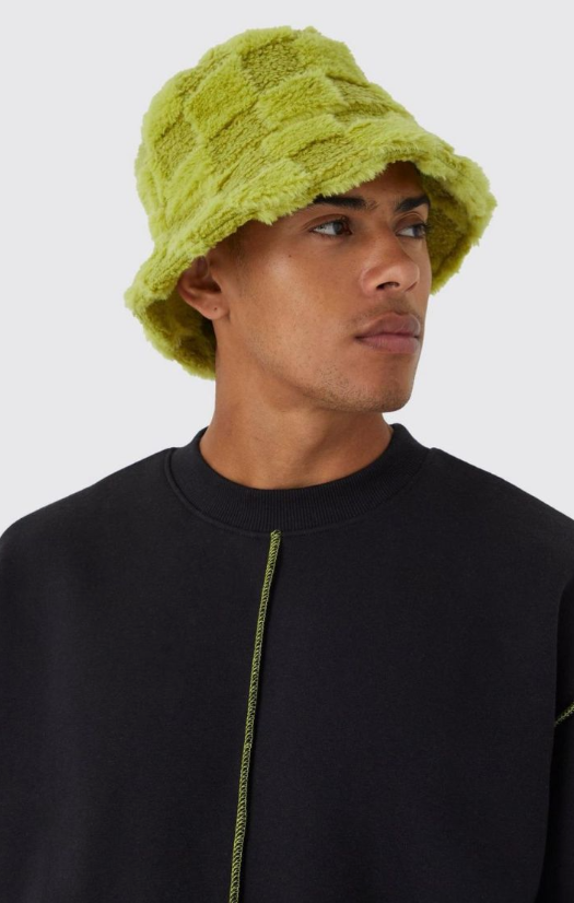 Fluffy Checkerboard Bucket Hat - lime