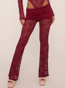 Ego - low rise foldover flared leg trouser co-ord burgundy lace