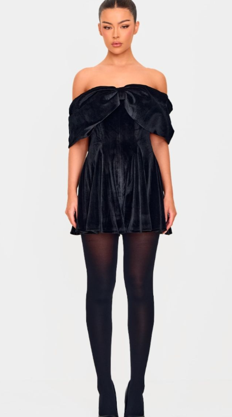 Black Premium Velvet Extreme Bow Detail Playsuit
