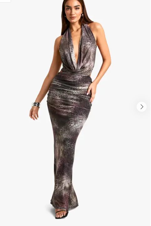 boohoo Leopard Cowl Halterneck Maxi Dress