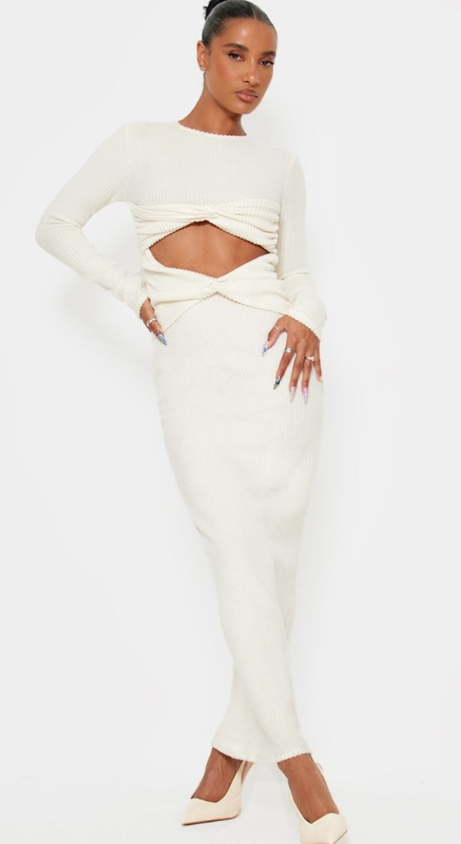 Cream Brushed Rib Cut Out Detail Maxi Dress
