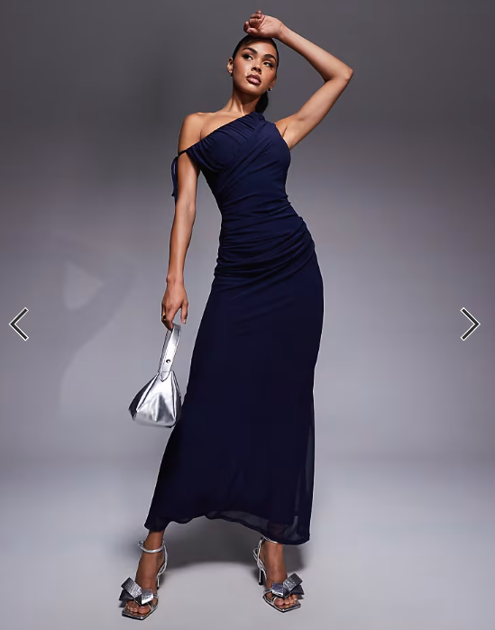 ASOS DESIGN mesh one shoulder draped maxi dress in navy