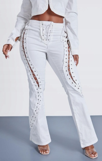 Plt Shape White Denim Lace Up Detail Flare Jeans
