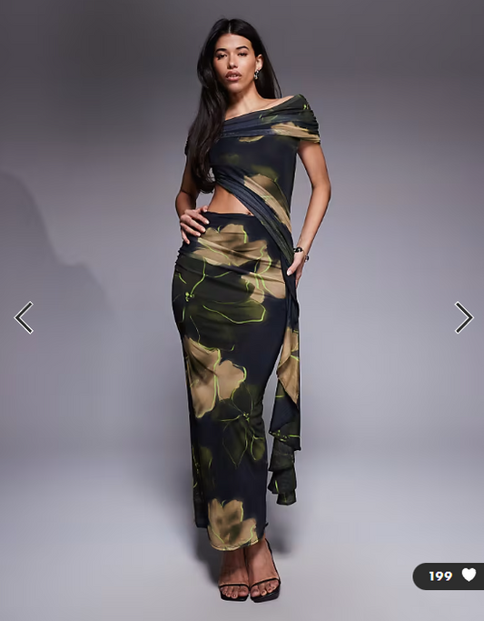 ASOS DESIGN mesh ruched off shoulder midi dress with ruffle sash detail in black and green floral print