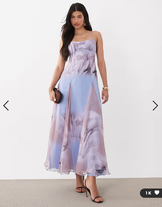 ASOS DESIGN chiffon strappy maxi dress with deep godets in lilac floral
