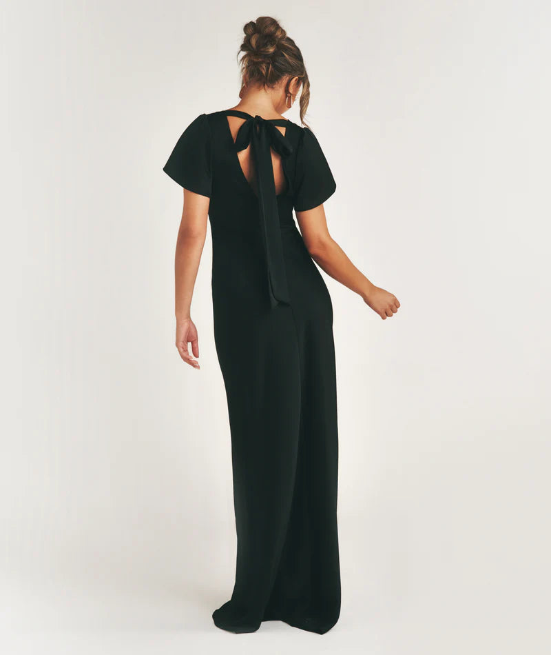 Six Stories - flutter Sleeve Tie Back Satin Bridesmaid Dress - Black