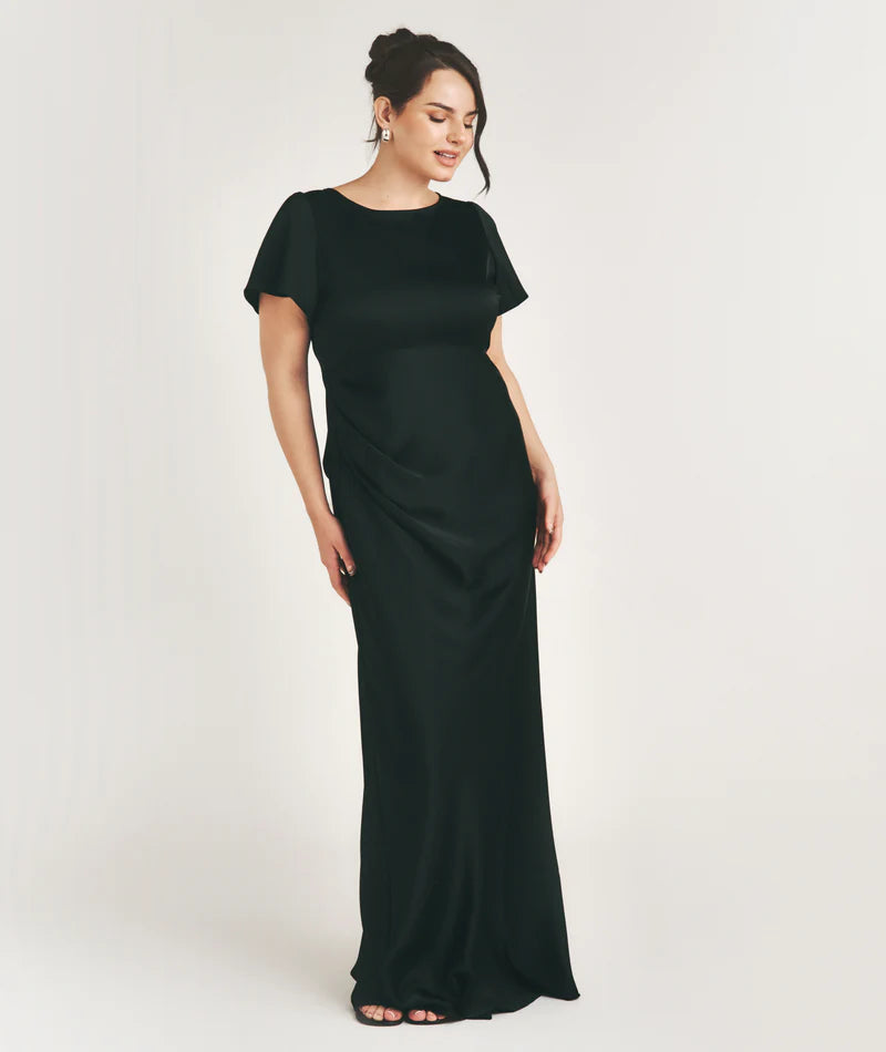Six Stories - flutter Sleeve Tie Back Satin Bridesmaid Dress - Black
