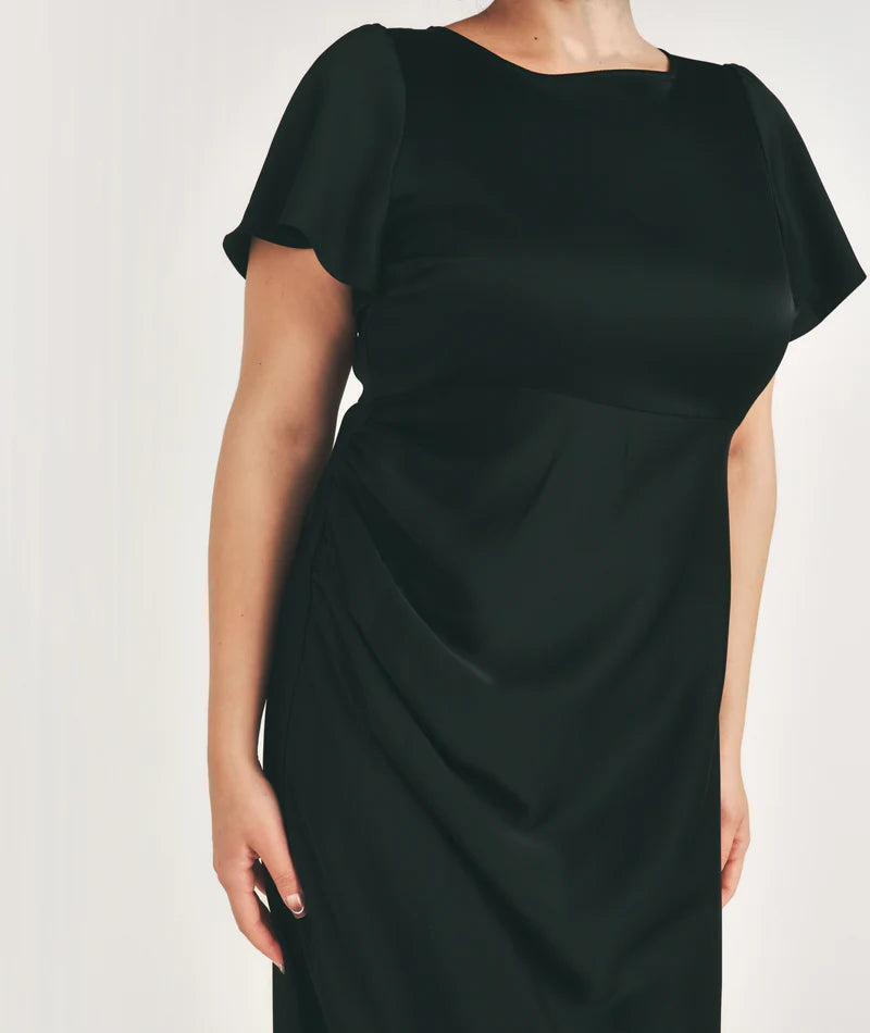 Six Stories - flutter Sleeve Tie Back Satin Bridesmaid Dress - Black