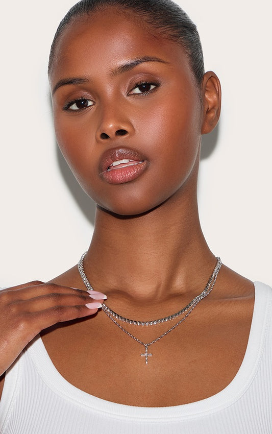 Silver Diamate Chain & Cross Multi Necklace