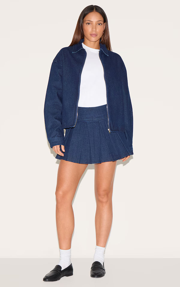Tall Dark Indigo Buckle Detail Pleated Mini Skirt
