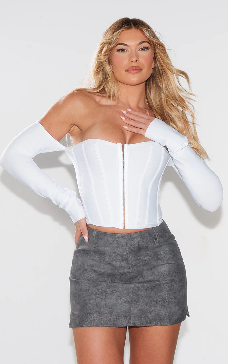 White Bandage Hook And Eye Bardot Long Sleeve Corset