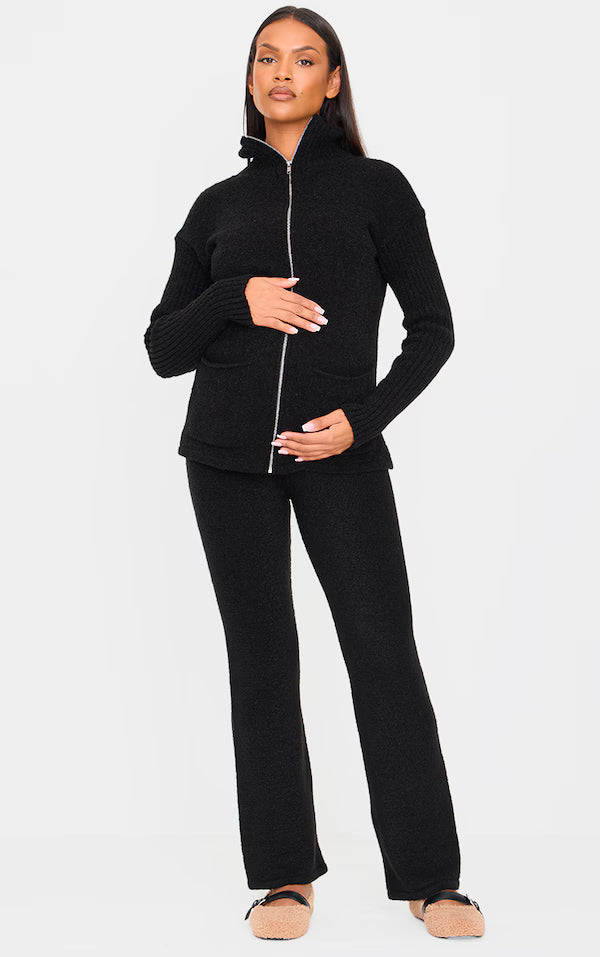 Maternity Black Boucle Knit Zip Up Long Sleeve Top