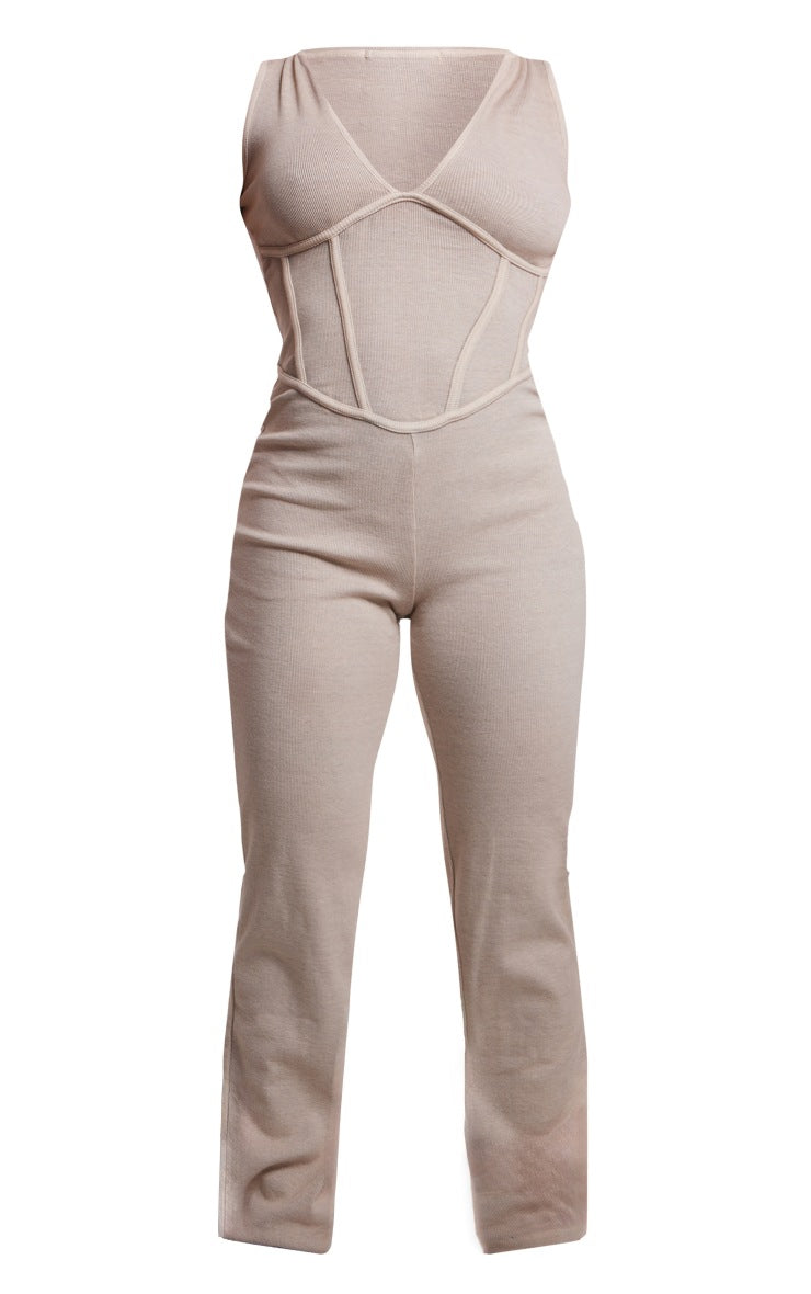 Stone Seam Detail Straight Leg Rib Jumpsuit