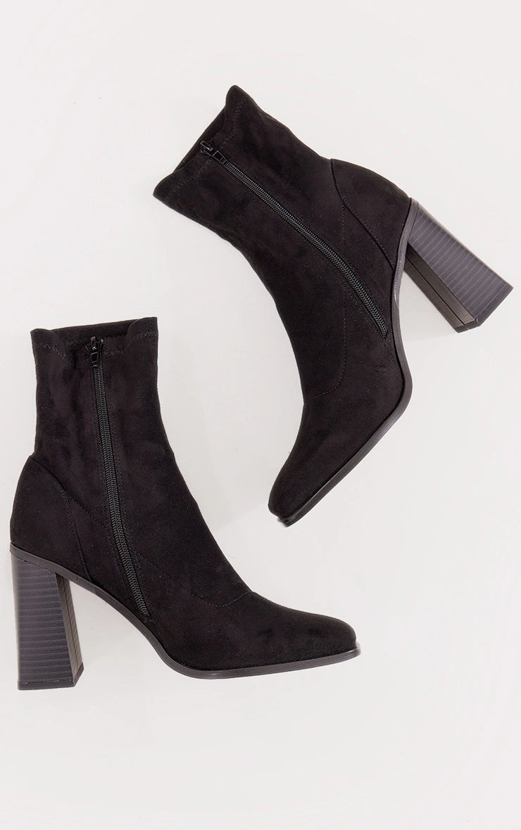 BLACK WIDE FIT FAUX SUEDE BLOCK HEELED SOCK ANKLE BOOTS