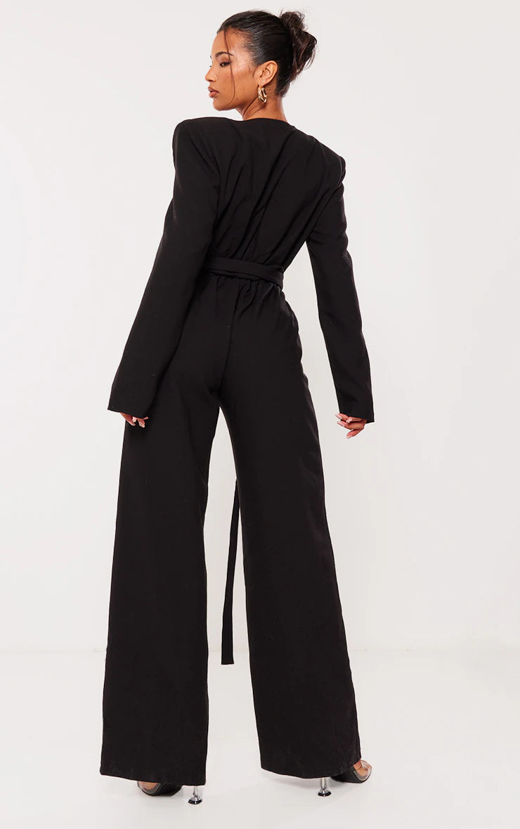 Black Strap Detail Cross Over Wide Leg Jumpsuit