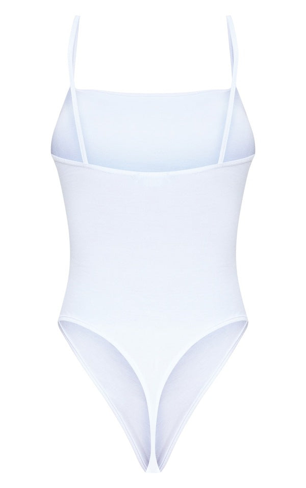 Basic Square Neck White Thong Bodysuit