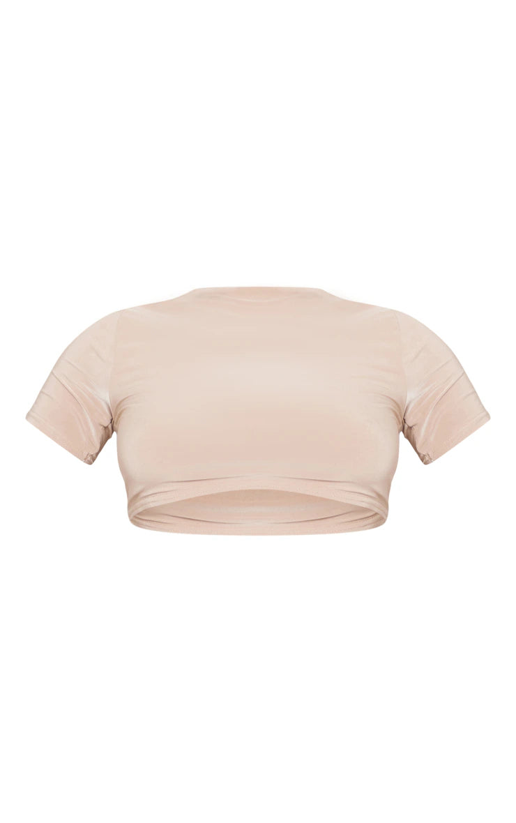 Stone Basic Slinky Short Sleeve Crop Top