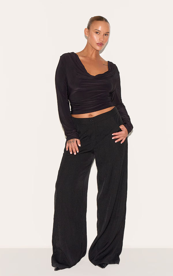 Plus Black Cowl Neck Long Sleeve Slinky Top