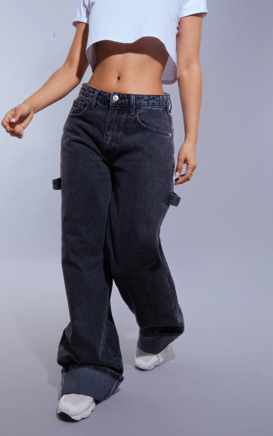 Petite Washed Black Wide Leg Jeans With Strap Detail