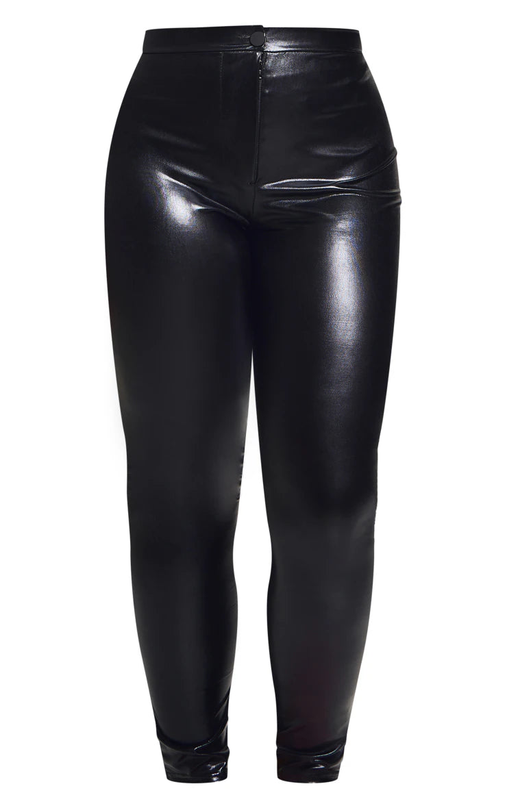 Plus Black Wet Look Zip Up Leggings