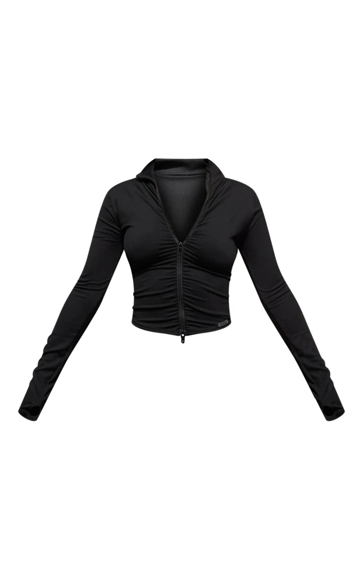 Black Brushed Sculpt Ruched Front Zip Up Sport Jacket