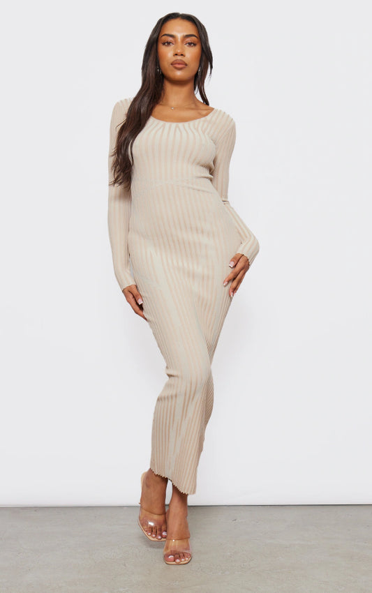 TALL CREAM CONTRAST KNIT SCOOP NECK MIDAXI DRESS