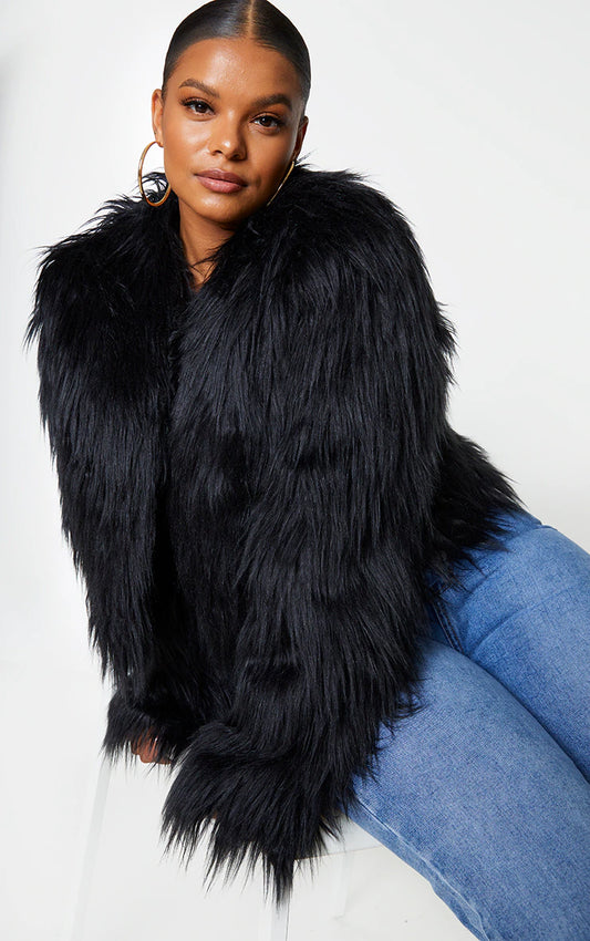 PLUS BLACK FAUX FUR SHAGGY CROPPED JACKET