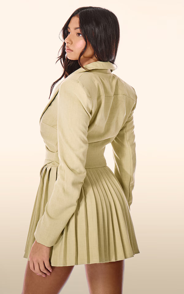 PLT Label Chartreuse Asymmetric Pleated Blazer Dress