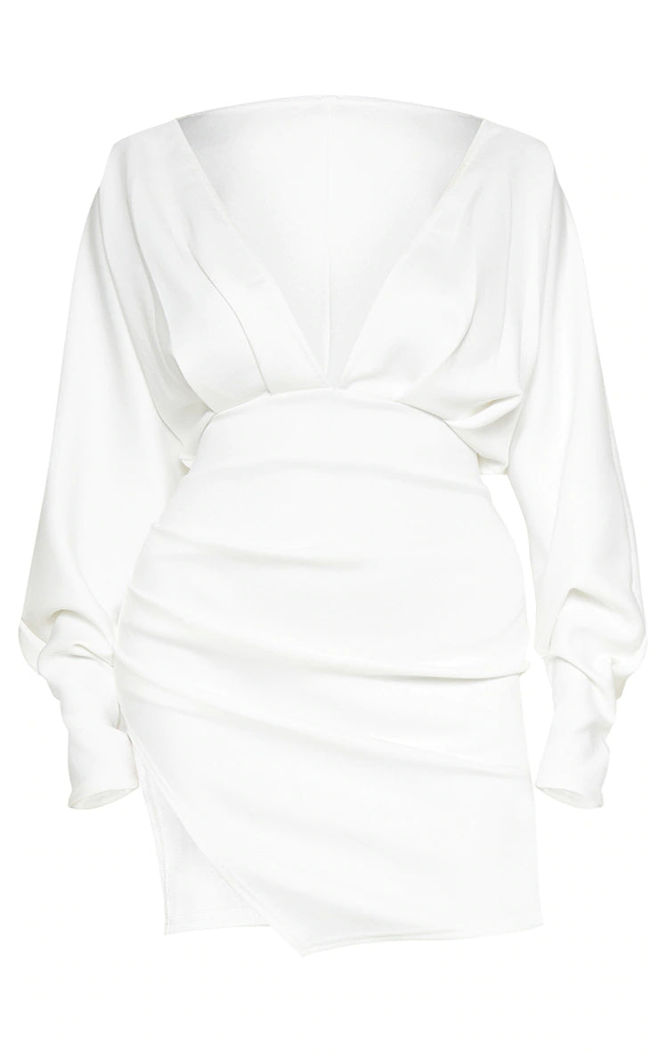 Plus White Pleated Balloon Sleeve Bodycon Dress