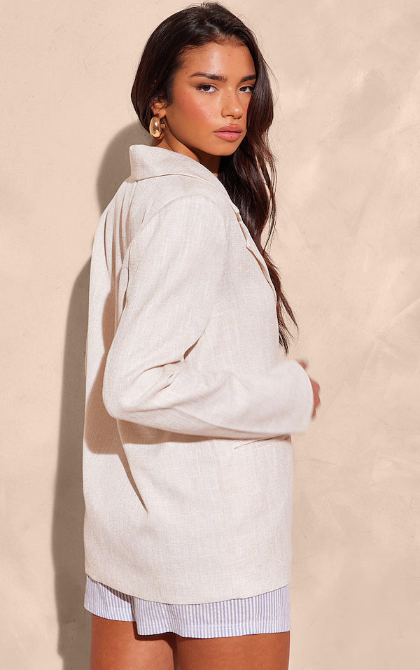 Cream Textured Linen Feel Oversized Blazer
