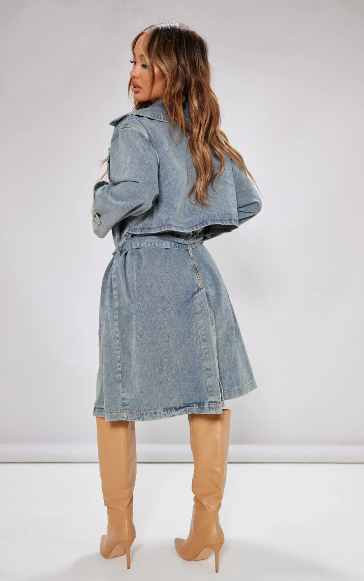 PETITE INDIGO VINTAGE WASH OVERSIZED DENIM TRENCH COAT