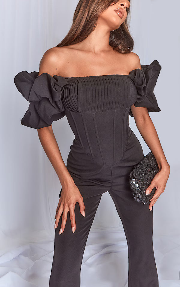 Black Woven Pleated Corset Detail Bardot Frill Jumpsuit.