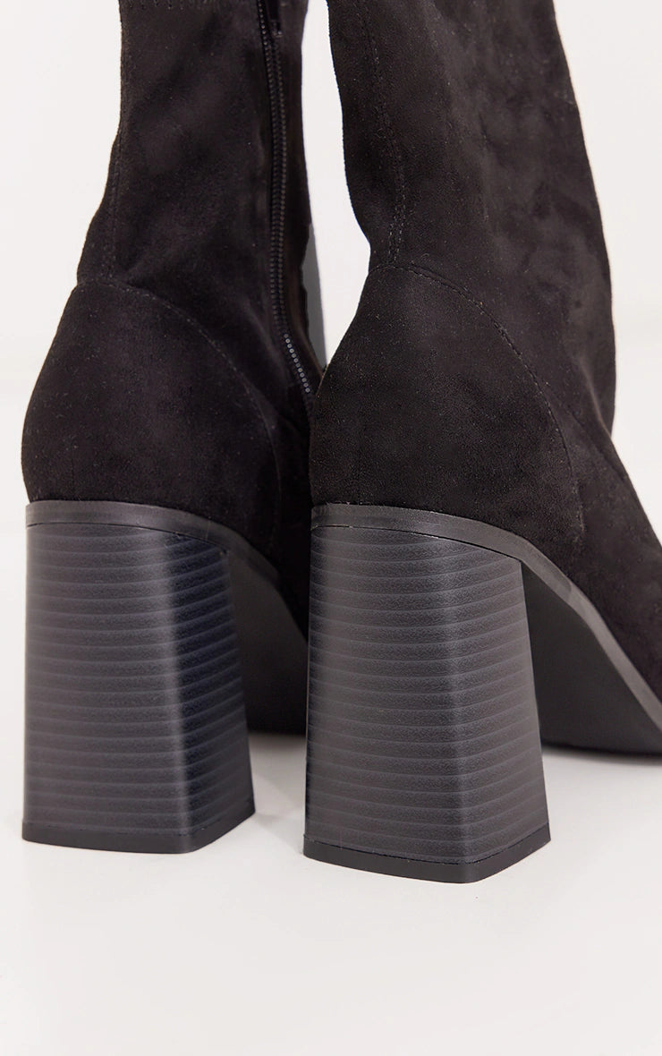 BLACK WIDE FIT FAUX SUEDE BLOCK HEELED SOCK ANKLE BOOTS