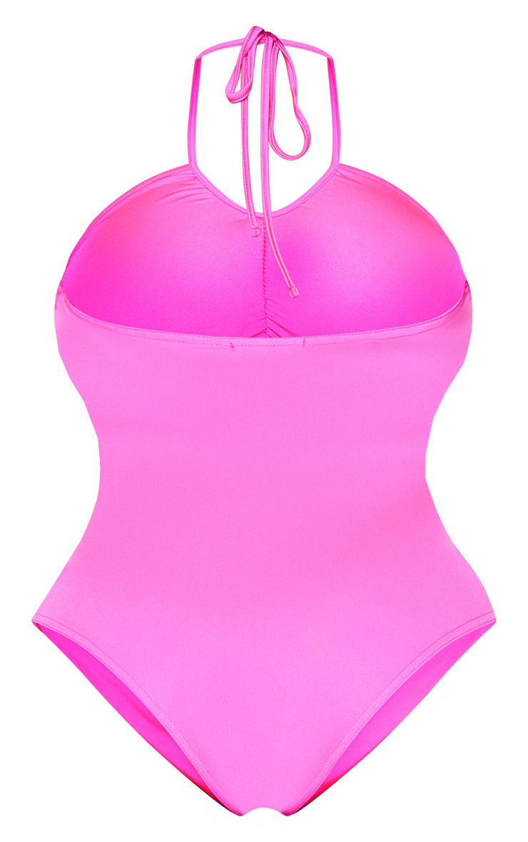 Plus Hot Pink Ruched Front Halterneck Swimsuit