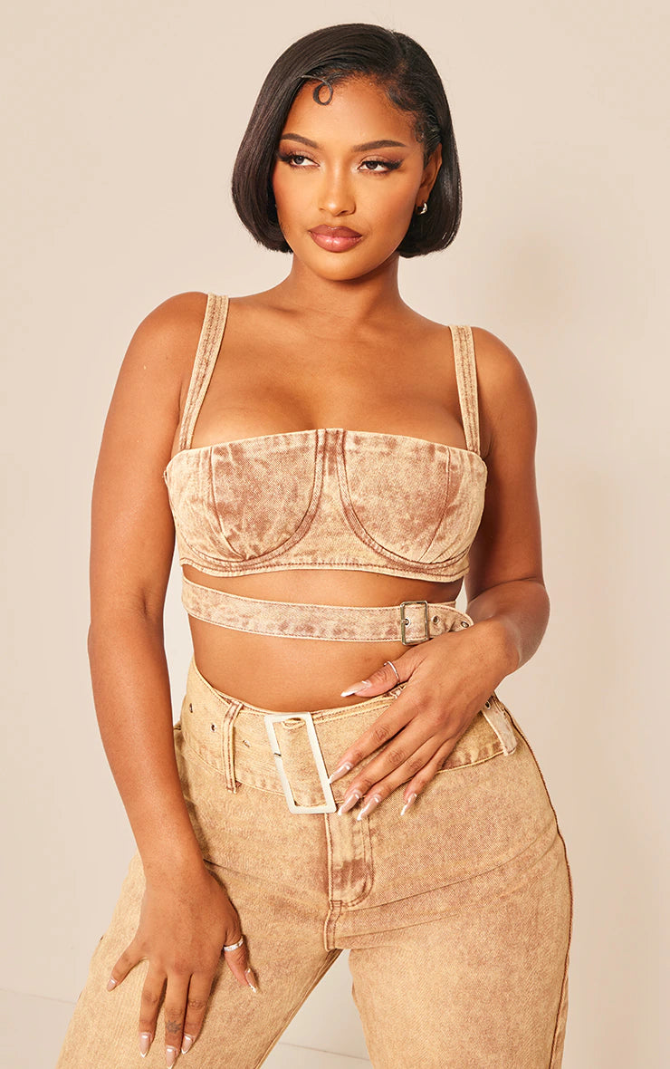 Shape Brown Washed Denim Tie Detail Bralet