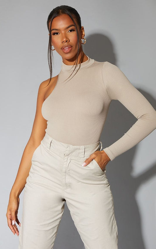 Stone Contour Rib High Neck Asymmetric Crop Top