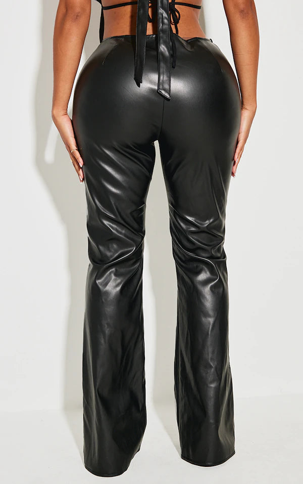 Shape Black Faux Leather Embroidered Flare Trousers