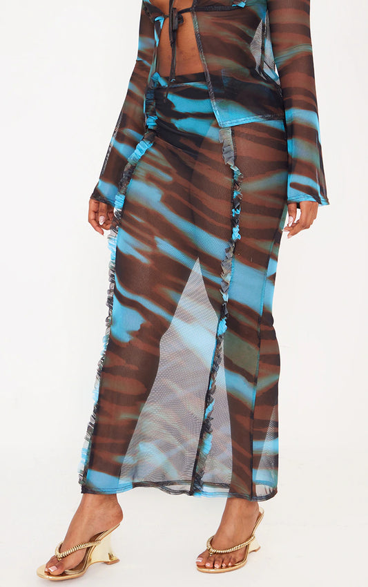 Shape Blue Animal Printed Mesh Ruffle Detail Maxi Skirt