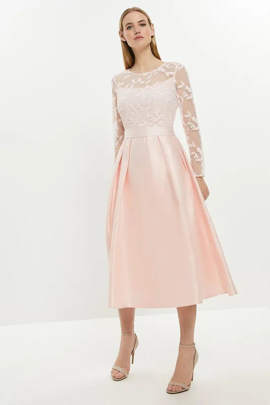 Embroidered Bodice Satin Skirt Dress