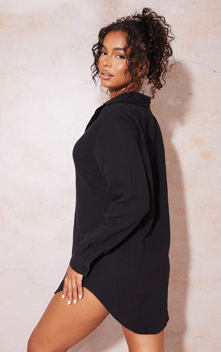 BLACK SOFT CRINKLE OVERSIZED BEACH SHIRT DRESS