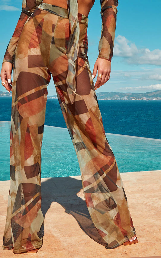 Chocolate Abstract Print Mesh Wide Leg Trousers