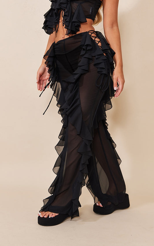 BLACK SHEER CHIFFON TIERED RUFFLE FLARED PANTS